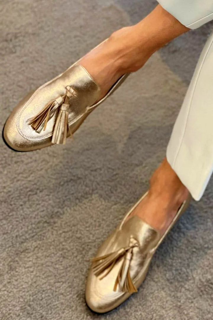 Metallic Finish Loafers with Decorative Tassels for Women | Ideal for Everyday Use