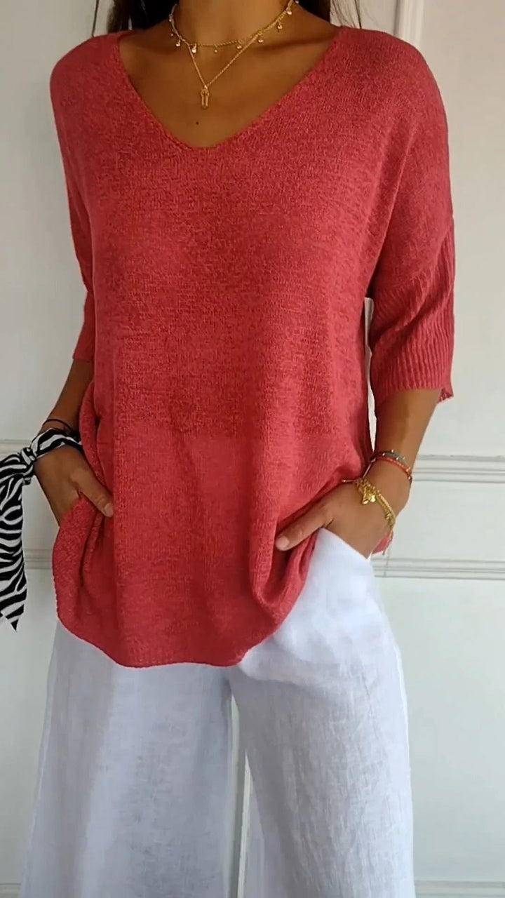 Rosel - Solid Color Knitted Top with V-Neck