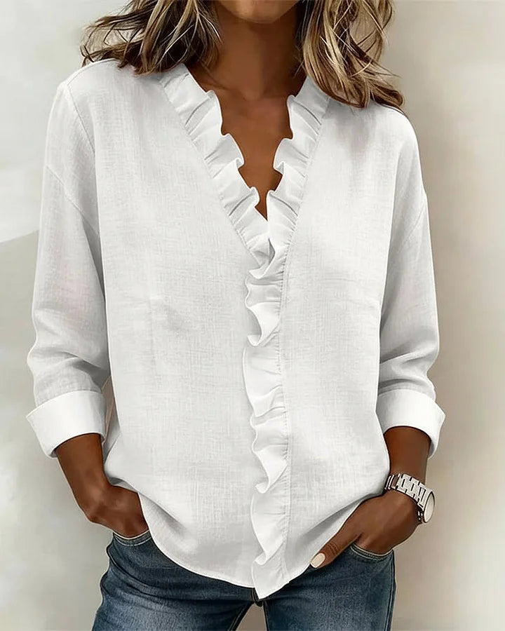Katy™ | Blouse with V-neck and delicate ruffles