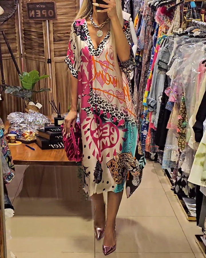 Casual Leopard and Colorful Print Deep V Dress