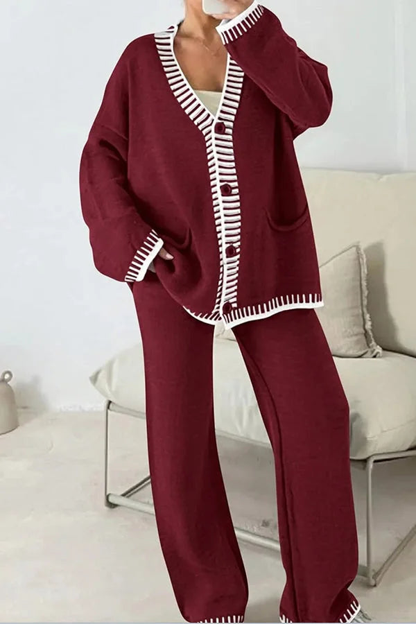 Belinda | Ladies V-Neck Cardigan Two-Piece Pants Set