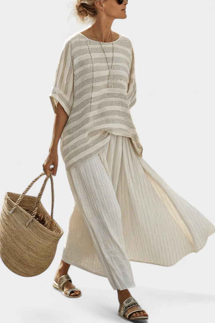 Graziella – striped top in natural bamboo and fluid linen pants
