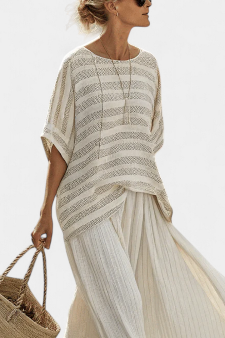 Graziella – striped top in natural bamboo and fluid linen pants