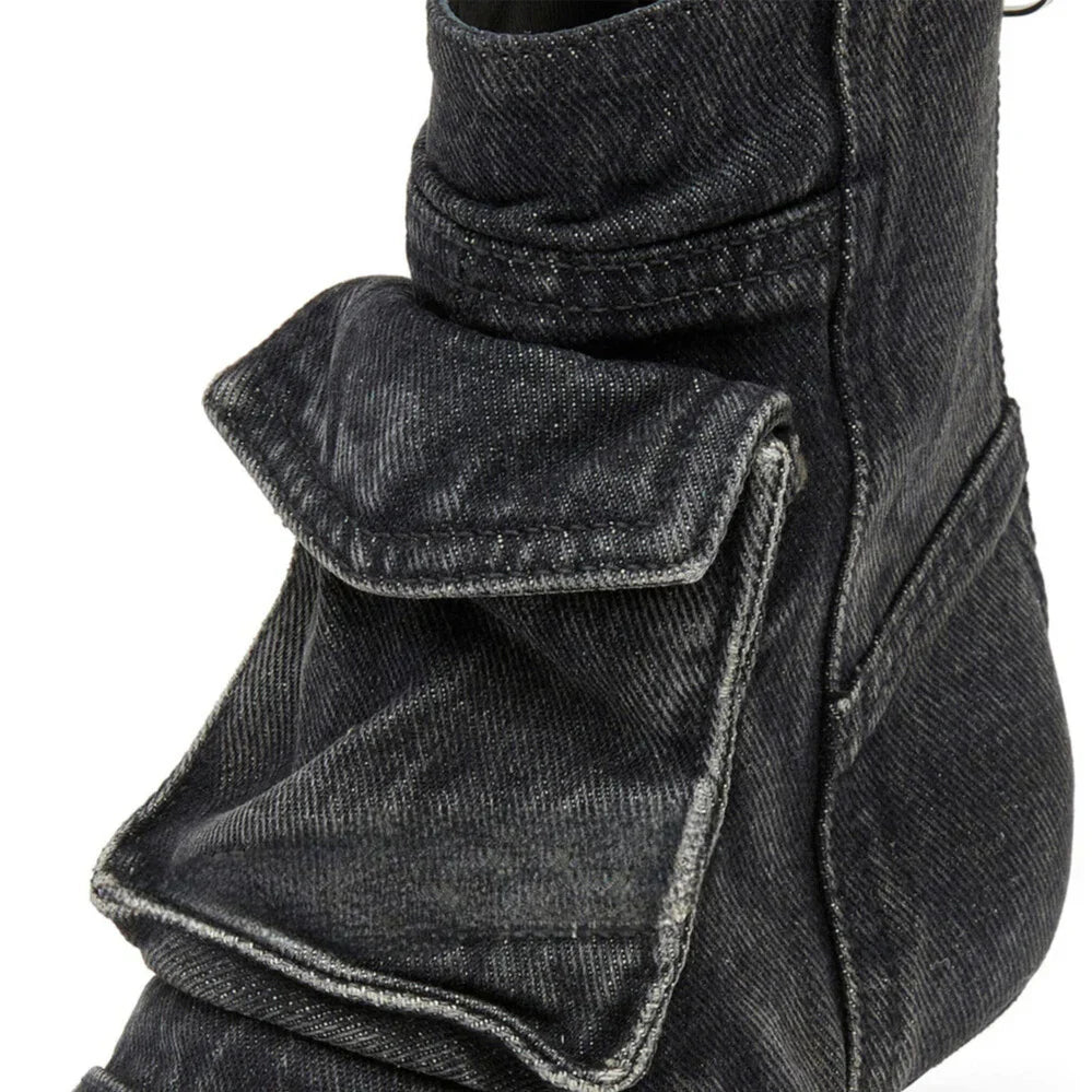 Vega - Cargo Design Booties in Denim Fabric