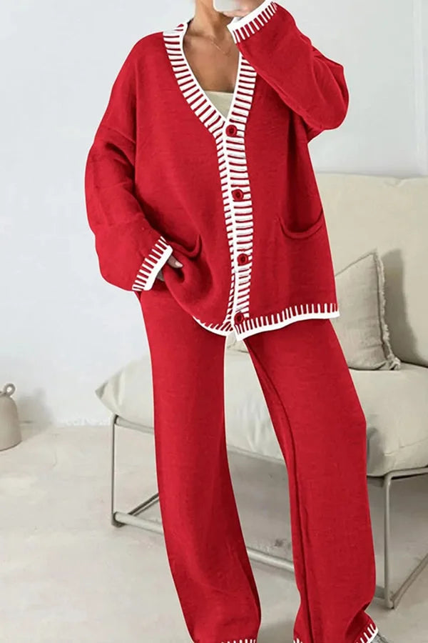 Belinda | Ladies V-Neck Cardigan Two-Piece Pants Set