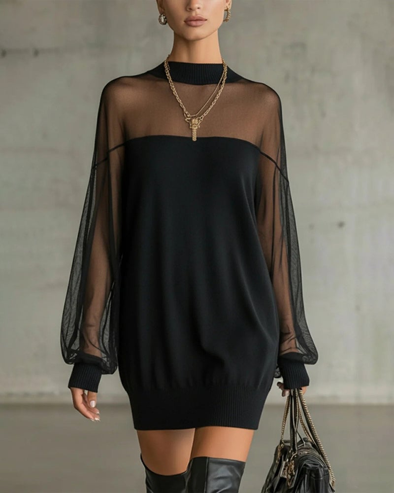Lantern Sleeve Solid Color Patchwork Dress