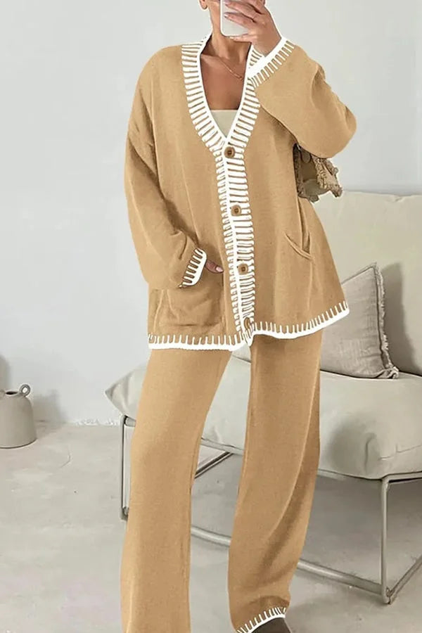 Belinda | Ladies V-Neck Cardigan Two-Piece Pants Set