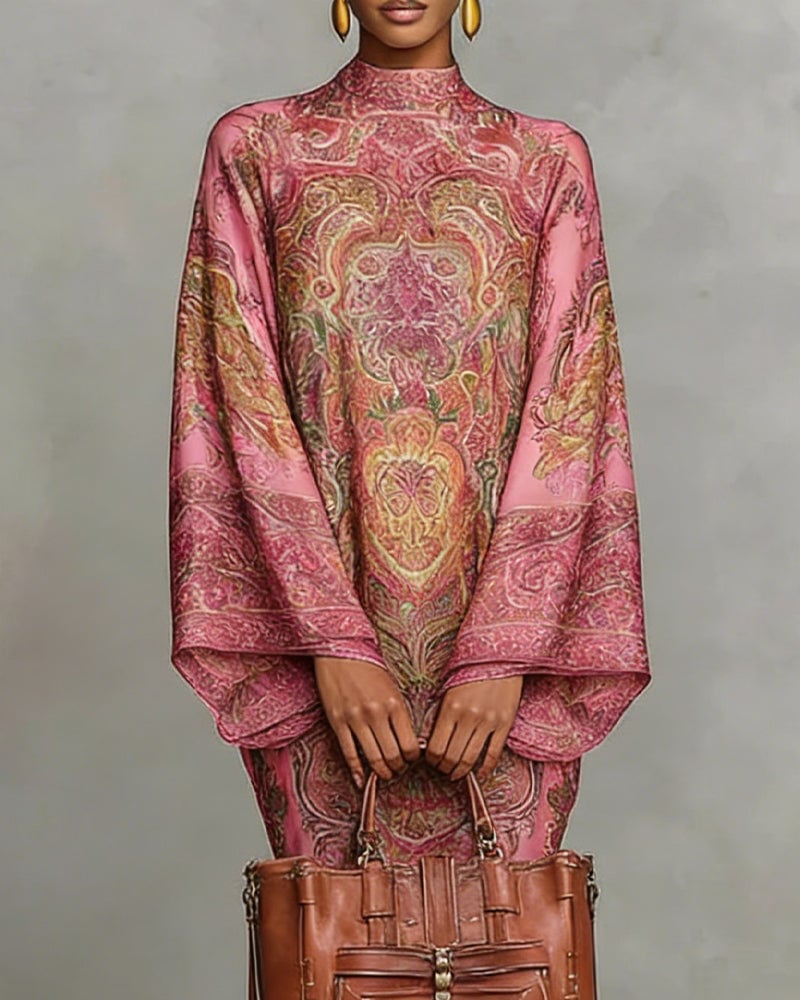 High-Neck Vintage Print Dress
