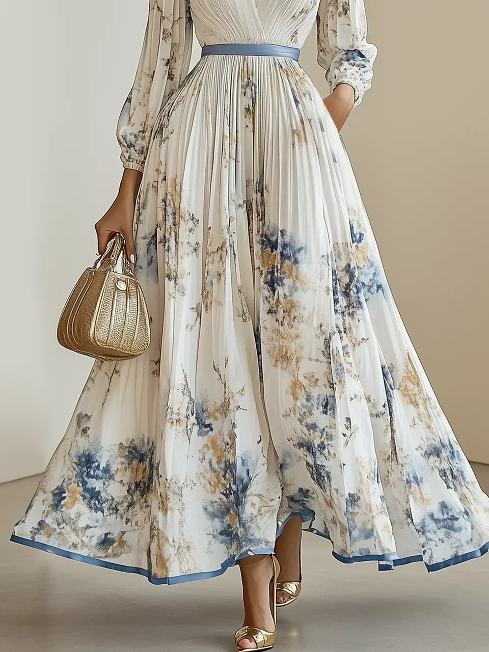 Halston - Elegant V-Neck Puff Sleeves Maxi Dress
