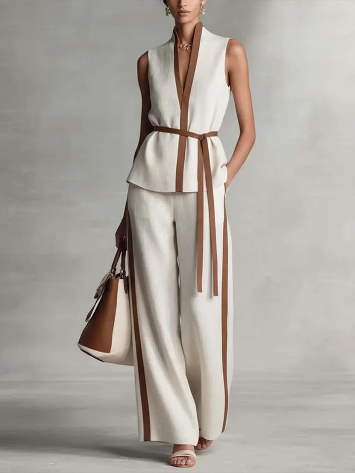 Hochwertiges Damen-Sommer-Set: Ärmelloses V-Ausschnitt-Oberteil mit Gürtel & High-Waist-Hose mit weitem Bein – Formelles Büro-Outfit