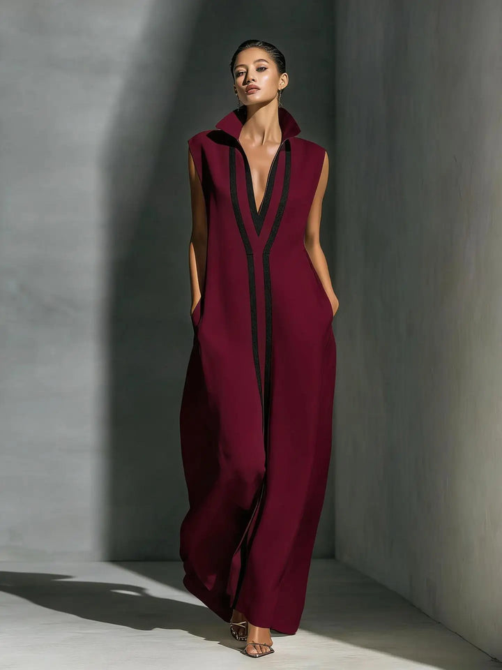 Premium Damen Neues Sommer-Modekleid Elegantes Farbblock-Design Atmungsaktives Weiches Maxikleid mit Stehkragen Ärmellos Locker Sitzendes Langes Kleid