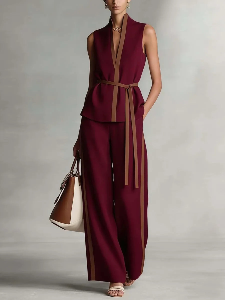 Hochwertiges Damen-Sommer-Set: Ärmelloses V-Ausschnitt-Oberteil mit Gürtel & High-Waist-Hose mit weitem Bein – Formelles Büro-Outfit