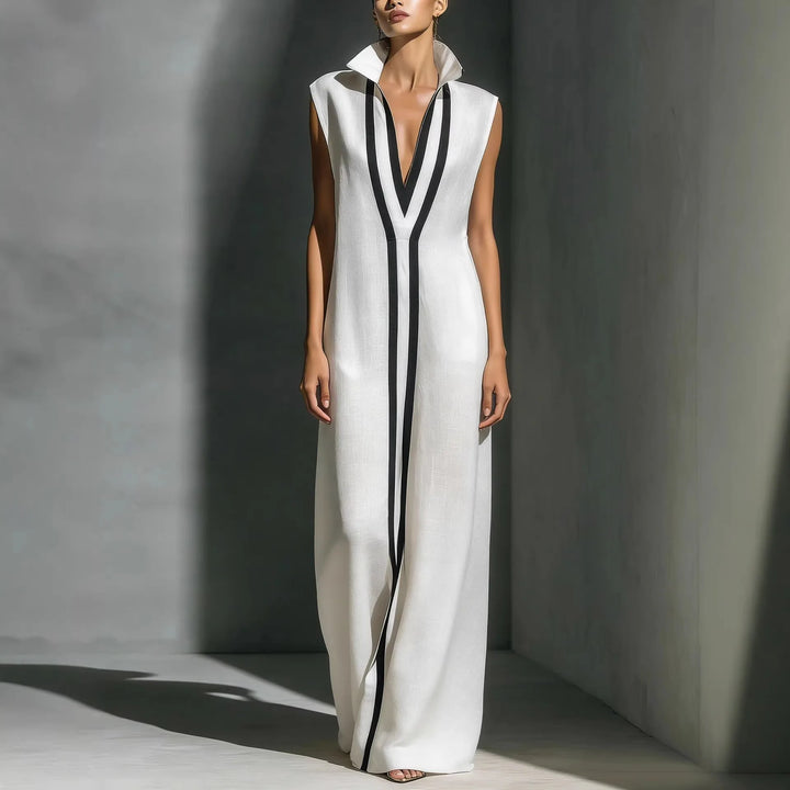 Premium Damen Neues Sommer-Modekleid Elegantes Farbblock-Design Atmungsaktives Weiches Maxikleid mit Stehkragen Ärmellos Locker Sitzendes Langes Kleid