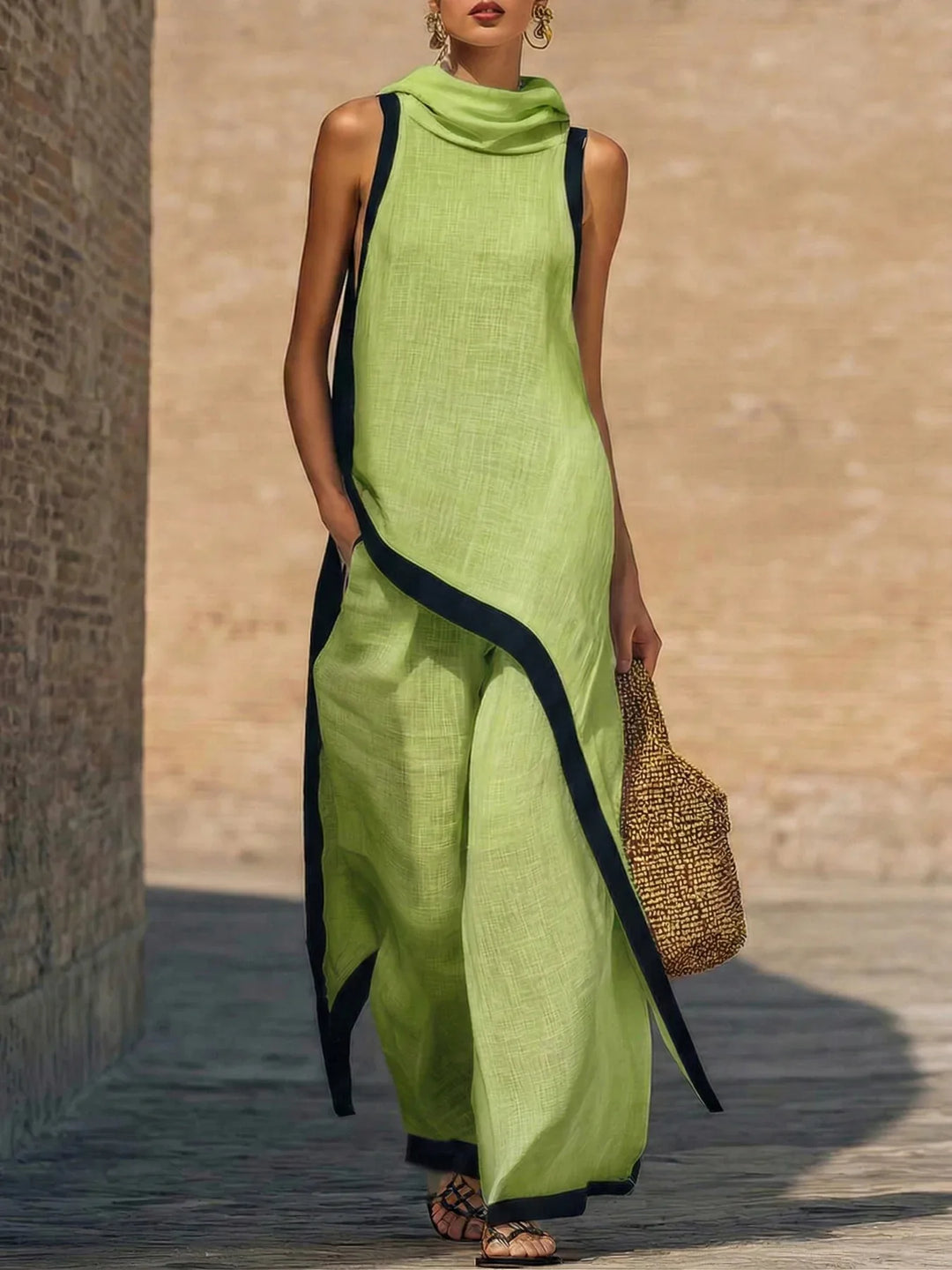 Damen Kontrast-Trim Zweiteiler-Set Ärmelloses Tunika-Oberteil mit Wasserfallausschnitt und Seitenschlitzen & Hochgeschnittenes Weites Hosen-Set Lässiges Sommer-Outfit