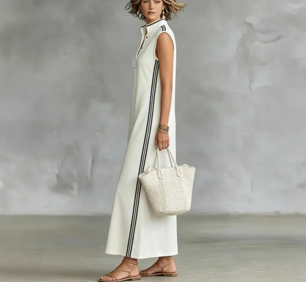 Neues Damen-Maxikleid mit Kontrastbesatz, Stehkragen, ärmellos mit Knopfleiste und Seitenschlitz, Lässiges Elegantes Sommer-Tunika-Kleid