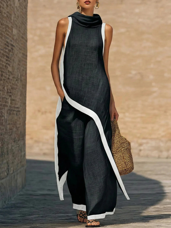 Damen Kontrast-Trim Zweiteiler-Set Ärmelloses Tunika-Oberteil mit Wasserfallausschnitt und Seitenschlitzen & Hochgeschnittenes Weites Hosen-Set Lässiges Sommer-Outfit