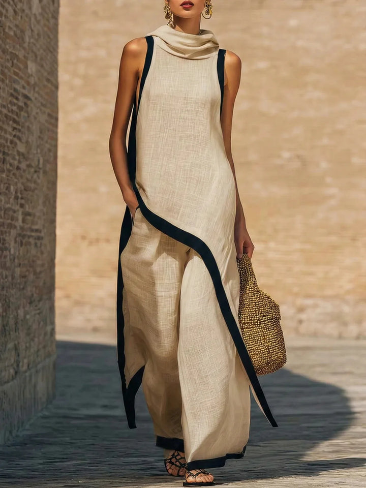 Damen Kontrast-Trim Zweiteiler-Set Ärmelloses Tunika-Oberteil mit Wasserfallausschnitt und Seitenschlitzen & Hochgeschnittenes Weites Hosen-Set Lässiges Sommer-Outfit
