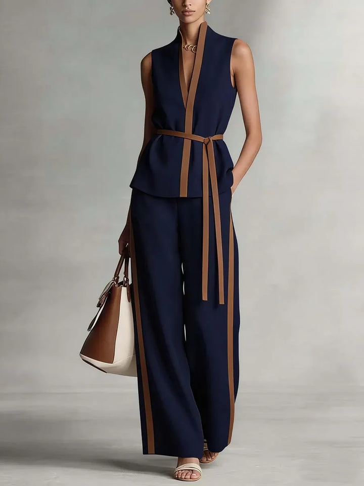 Hochwertiges Damen-Sommer-Set: Ärmelloses V-Ausschnitt-Oberteil mit Gürtel & High-Waist-Hose mit weitem Bein – Formelles Büro-Outfit