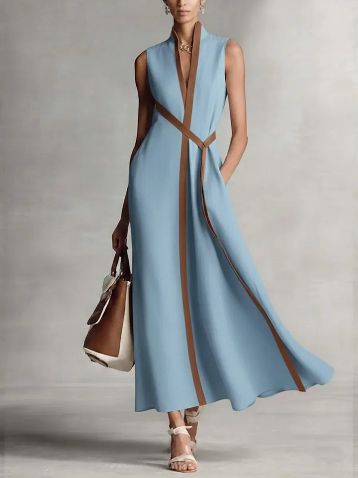 Premium Damen Neues Sommer-Mode Weiches Kontrastbesetztes Wickel-Maxikleid Ärmellos V-Ausschnitt Gegürtet Formelles Sommer-Urlaubskleid