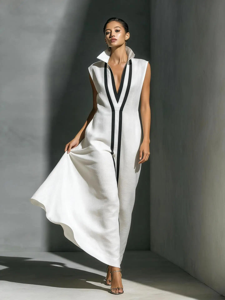 Premium Damen Neues Sommer-Modekleid Elegantes Farbblock-Design Atmungsaktives Weiches Maxikleid mit Stehkragen Ärmellos Locker Sitzendes Langes Kleid