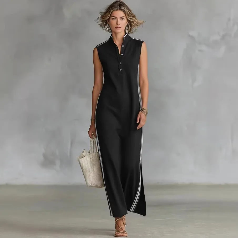 Neues Damen-Maxikleid mit Kontrastbesatz, Stehkragen, ärmellos mit Knopfleiste und Seitenschlitz, Lässiges Elegantes Sommer-Tunika-Kleid