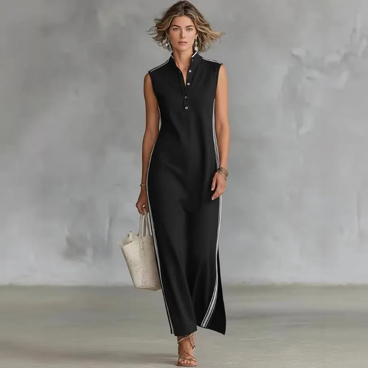 Neues Damen-Maxikleid mit Kontrastbesatz, Stehkragen, ärmellos mit Knopfleiste und Seitenschlitz, Lässiges Elegantes Sommer-Tunika-Kleid