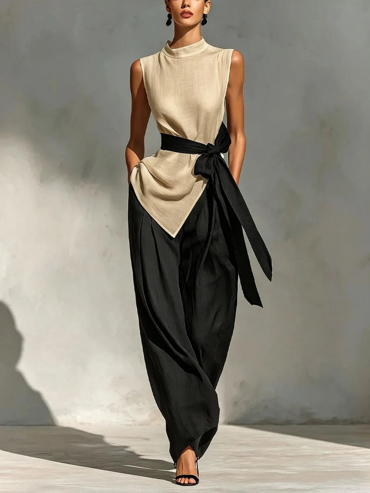 Hochwertiges Damen-Zweiteiler-Set: Ärmelloses Asymmetrisches Oberteil mit Rundhalsausschnitt & Hochtaillierte Weite Hose mit Kontrastgürtel, Formelles Outfit
