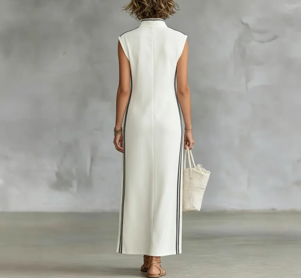 Neues Damen-Maxikleid mit Kontrastbesatz, Stehkragen, ärmellos mit Knopfleiste und Seitenschlitz, Lässiges Elegantes Sommer-Tunika-Kleid