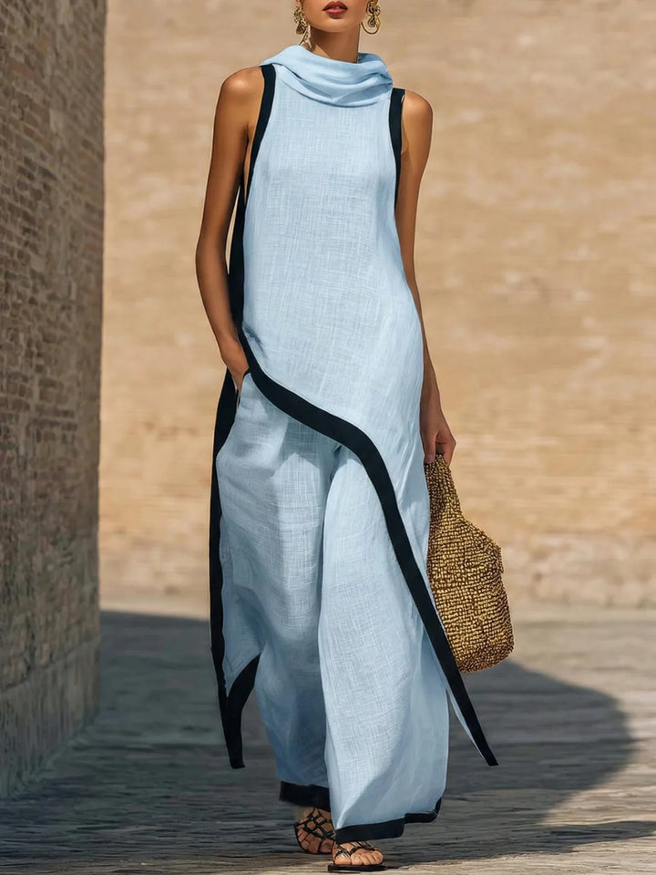 Damen Kontrast-Trim Zweiteiler-Set Ärmelloses Tunika-Oberteil mit Wasserfallausschnitt und Seitenschlitzen & Hochgeschnittenes Weites Hosen-Set Lässiges Sommer-Outfit