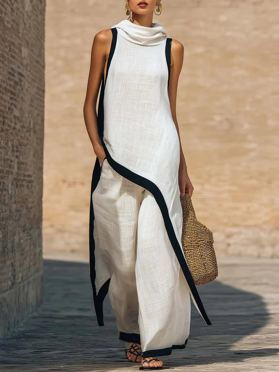 Damen Kontrast-Trim Zweiteiler-Set Ärmelloses Tunika-Oberteil mit Wasserfallausschnitt und Seitenschlitzen & Hochgeschnittenes Weites Hosen-Set Lässiges Sommer-Outfit