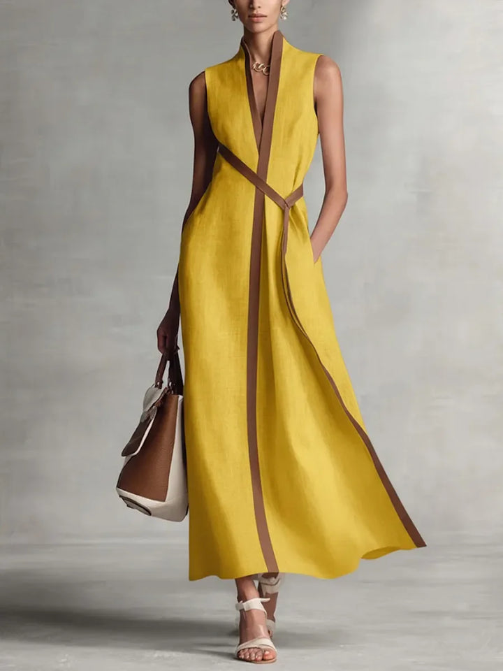 Premium Damen Neues Sommer-Mode Weiches Kontrastbesetztes Wickel-Maxikleid Ärmellos V-Ausschnitt Gegürtet Formelles Sommer-Urlaubskleid