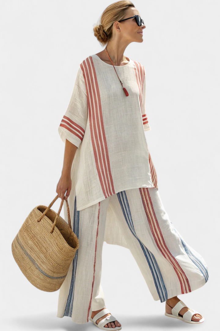 Ludovica – sophisticated multicolored striped top and Mediterranean pants