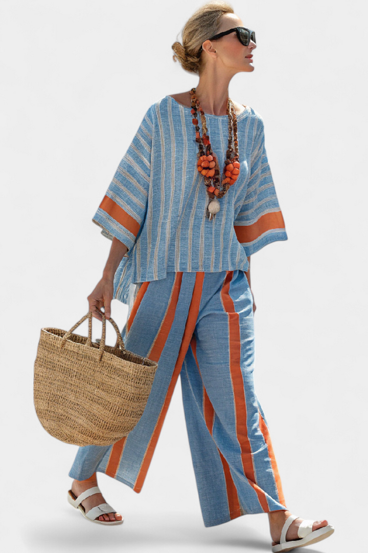 Valeria – sophisticated terracotta striped top and linen pants