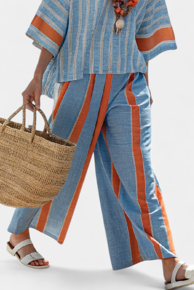Valeria – sophisticated terracotta striped top and linen pants