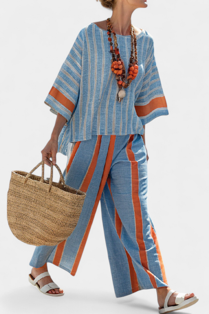 Valeria – sophisticated terracotta striped top and linen pants