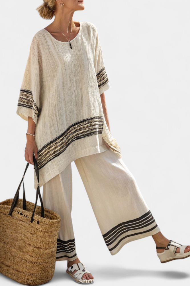Mariella – elegant black striped linen top and fluid pants