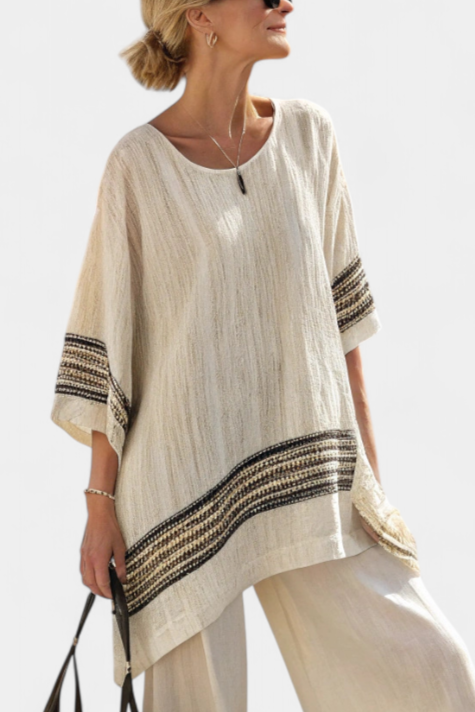 Mariella – elegant black striped linen top and fluid pants