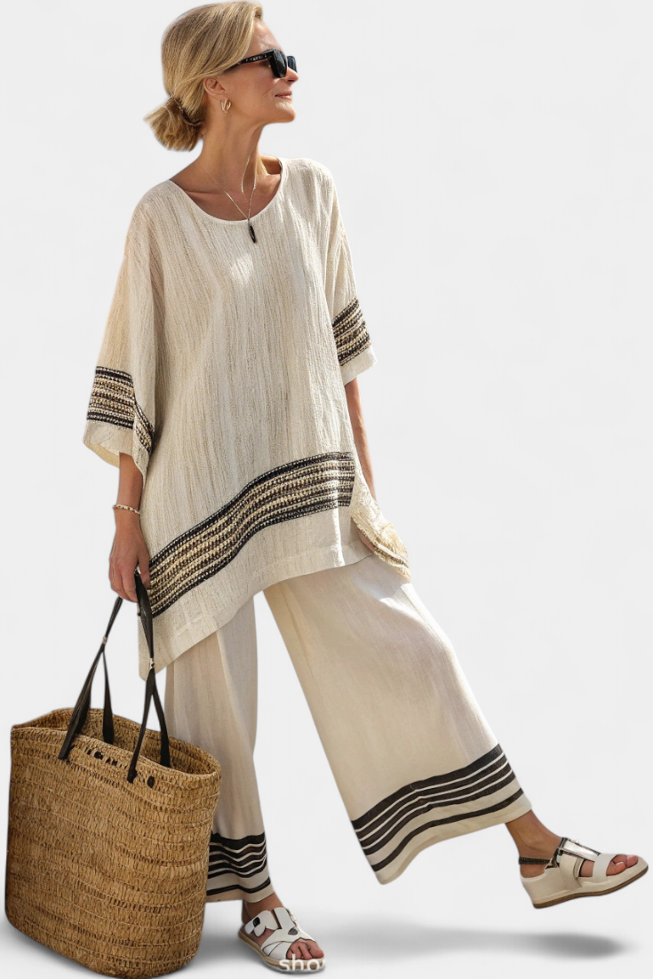 Mariella – elegant black striped linen top and fluid pants