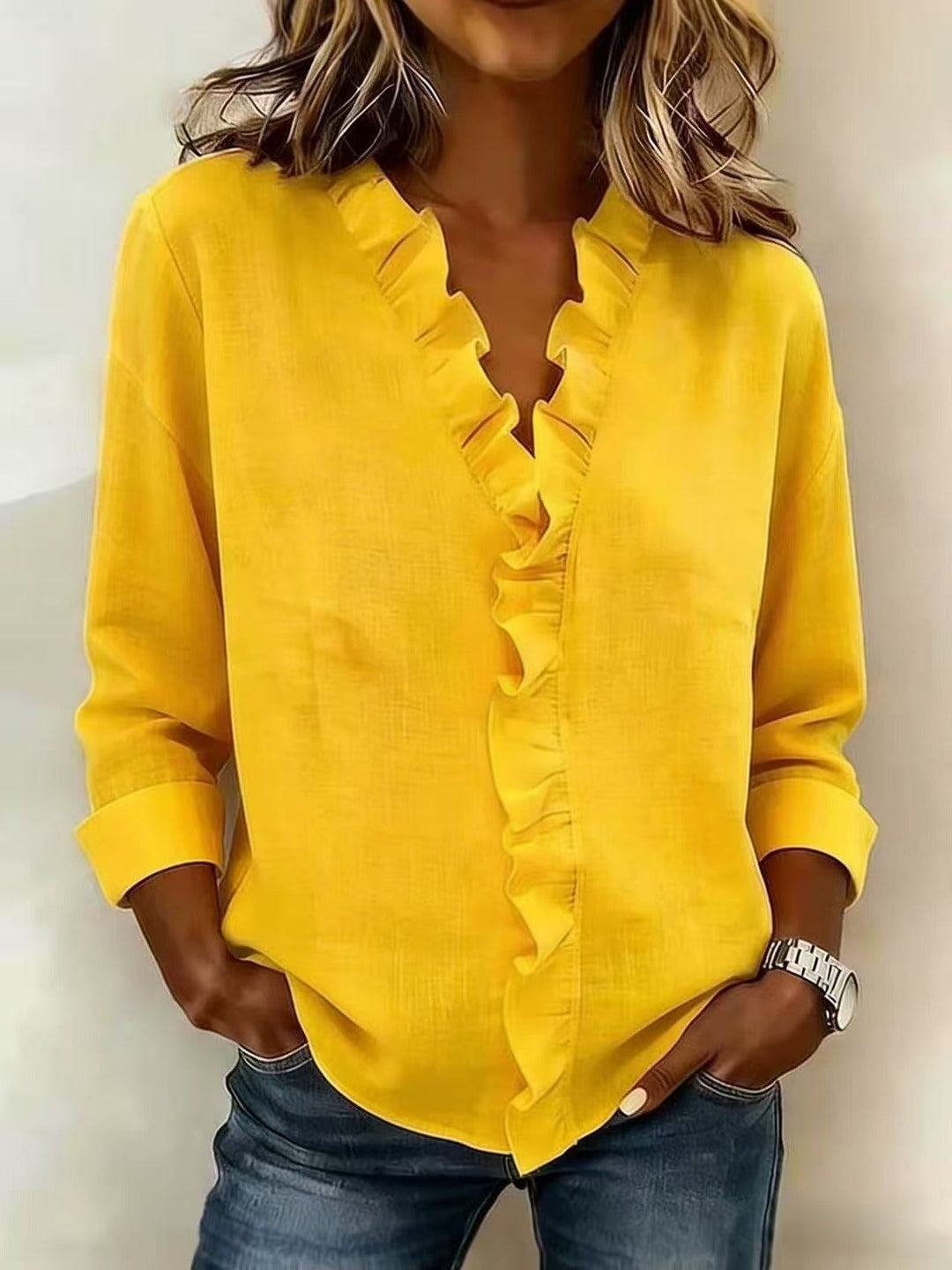 Katy™ | Blouse with V-neck and delicate ruffles
