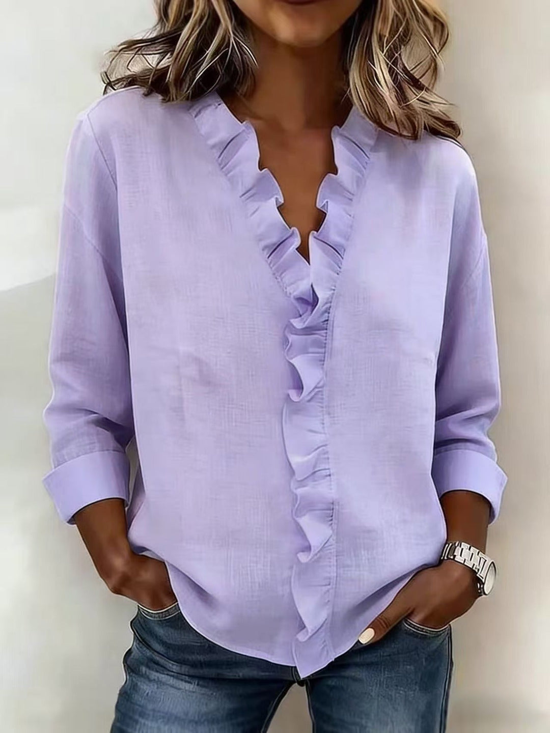 Katy™ | Blouse with V-neck and delicate ruffles