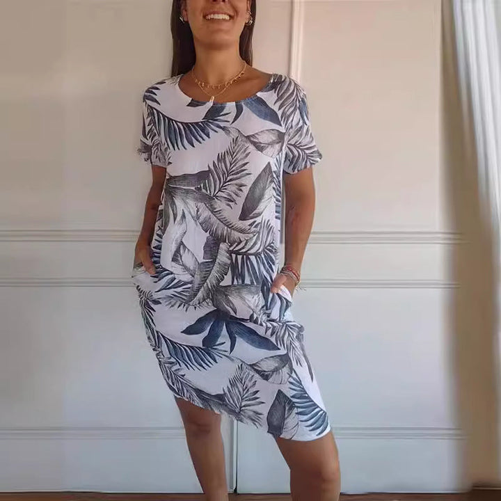 Short Sleeve Printed Pocket Crew Dress