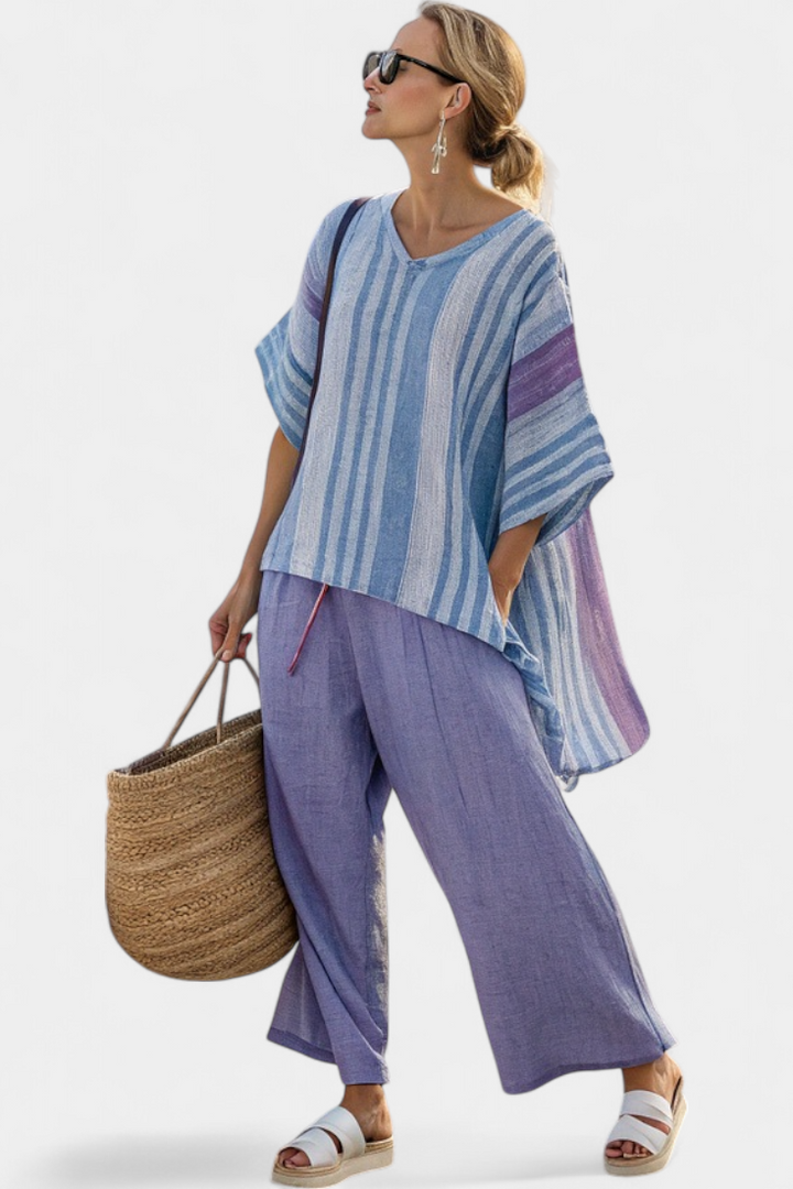 Carlotta – elegant top in lavender and sky blue with linen pants