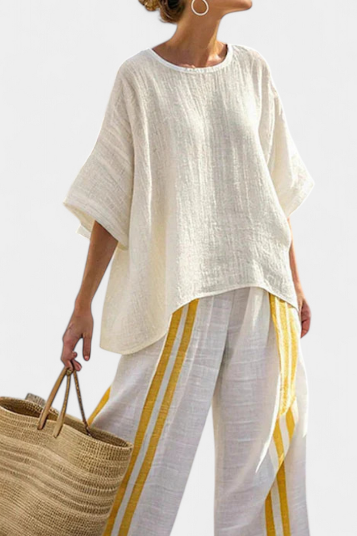 Arianna – elegant yellow striped linen top and wide-leg pants