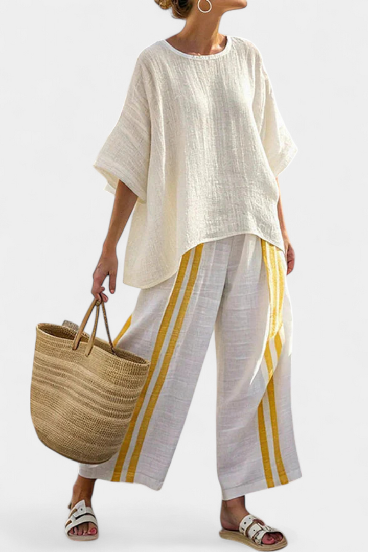 Arianna – elegant yellow striped linen top and wide-leg pants