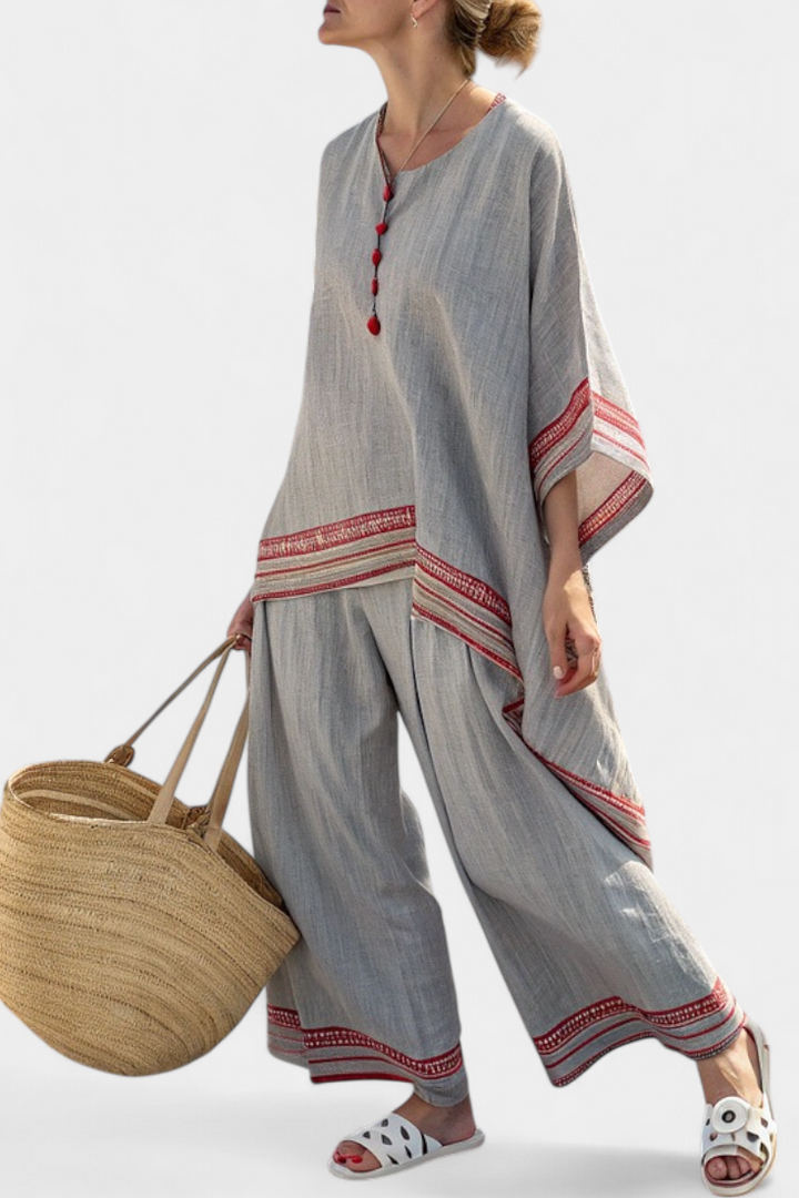 Rossella – sophisticated asymmetric blouse and wide-leg ethnic pants