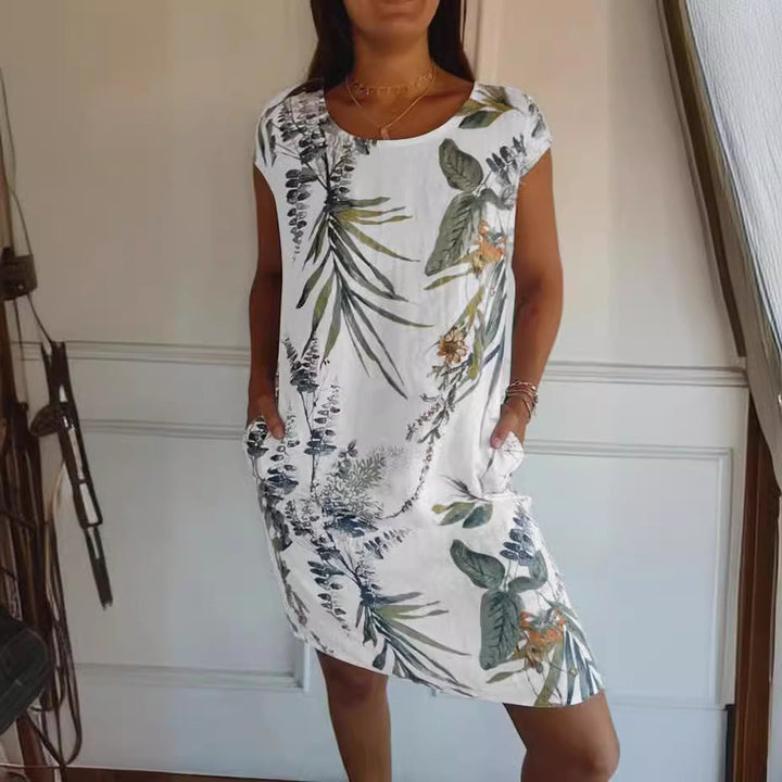 Short Sleeve Printed Pocket Crew Dress