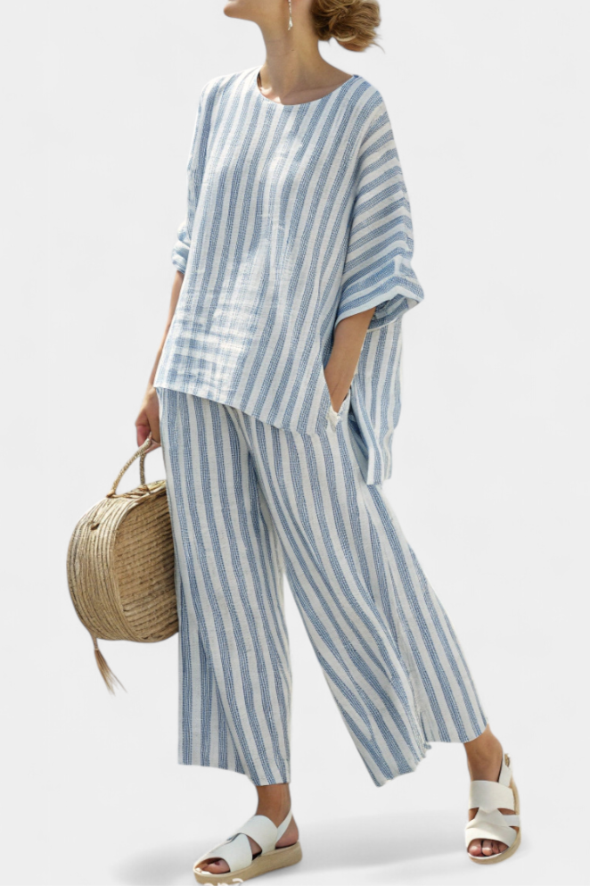 Federica – sophisticated blue striped linen top and relaxed pants