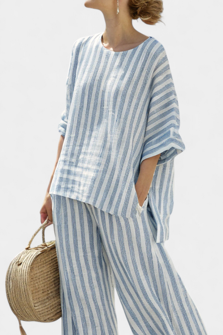 Federica – sophisticated blue striped linen top and relaxed pants