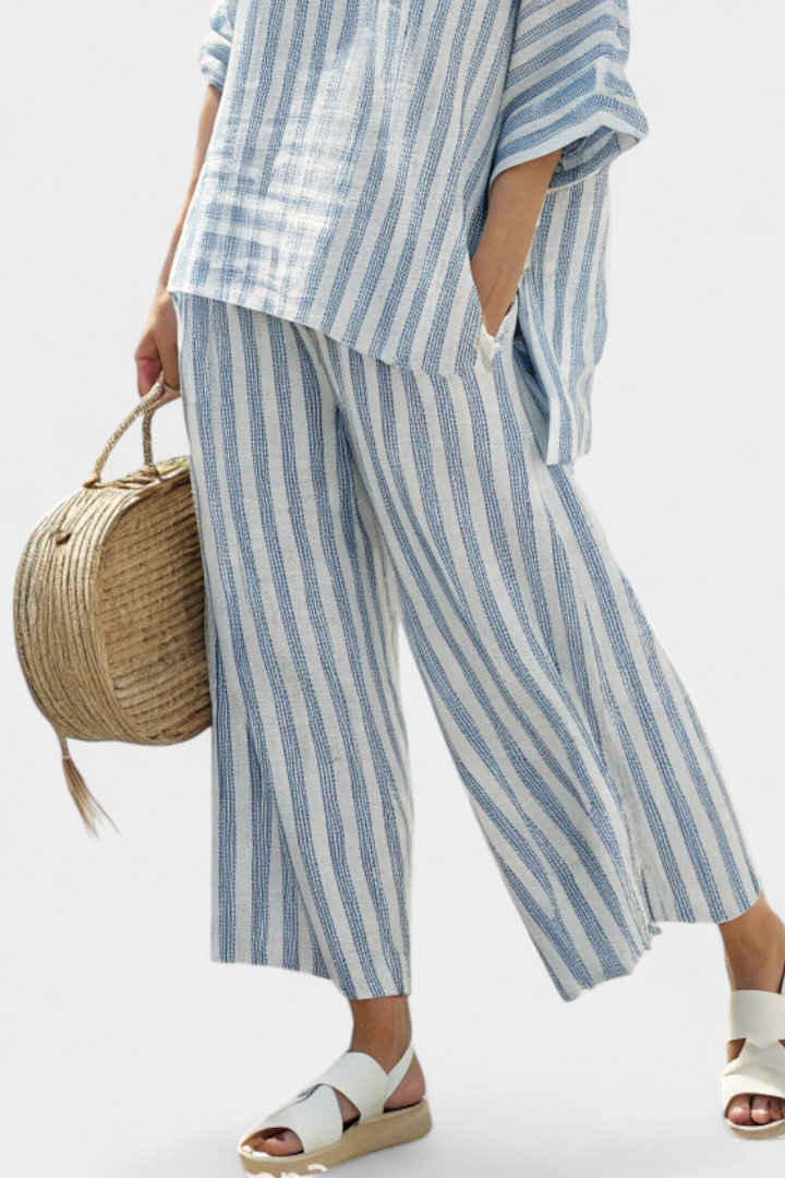Federica – sophisticated blue striped linen top and relaxed pants