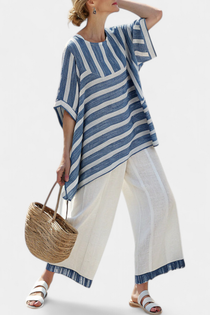 Ornella – sophisticated blue striped top and pants with details at the hem